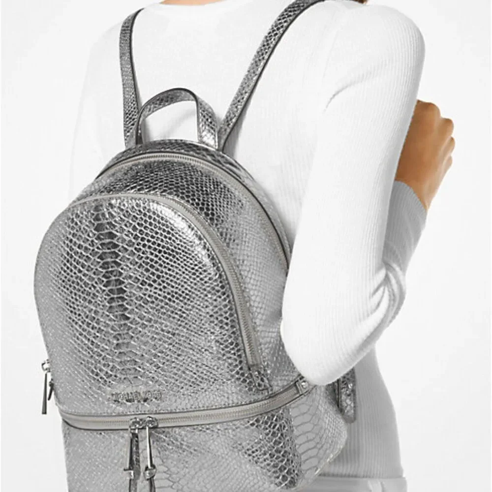 Michael Kors Backpack Bag Leather Purse Handbag Rhea Metallic Silver Snake Print